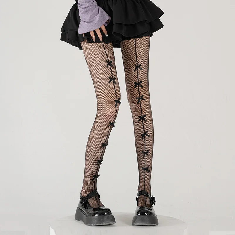 Frauen Sexy Bogen Band Netzstrumpfhose Aushöhlen Kleine Mesh Netzstrumpfhose Lolita Gothic JK Y2K Stil