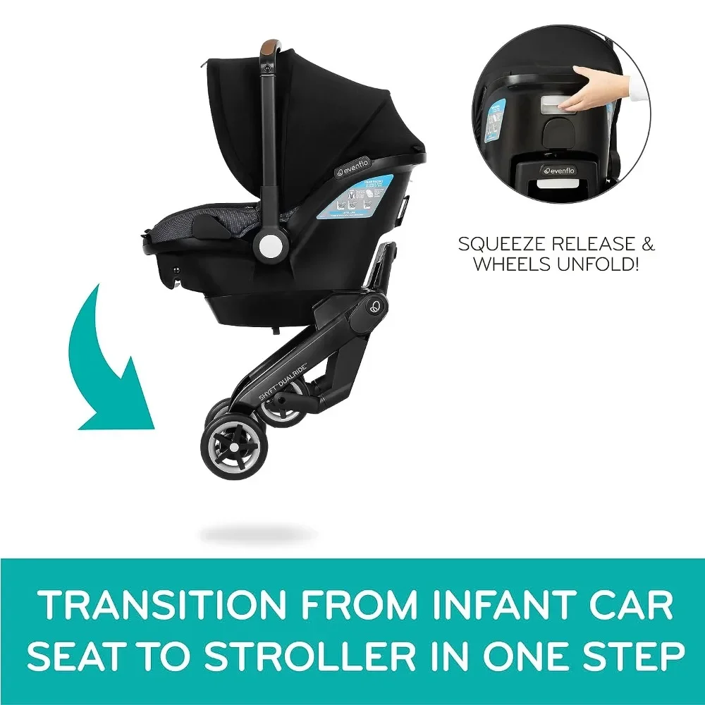 Evenflo Shyft DualRide-asiento infantil para coche y cochecito, Combo con almacenamiento de transporte (gris Boone)