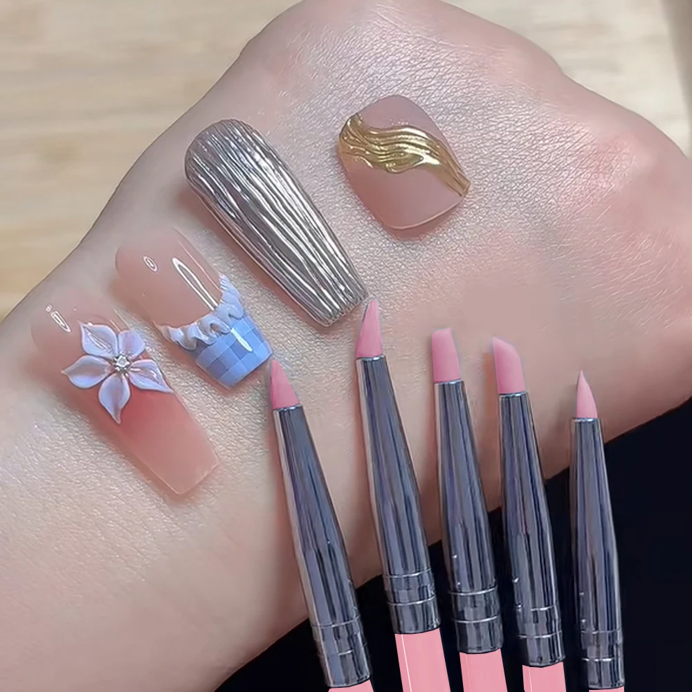 5pcs 180mm mini Pink Silicone Press Pen Set Pink Acrylic Handle for Carving/Embossing/Powder Rubbing Nail Silicone brush Tools