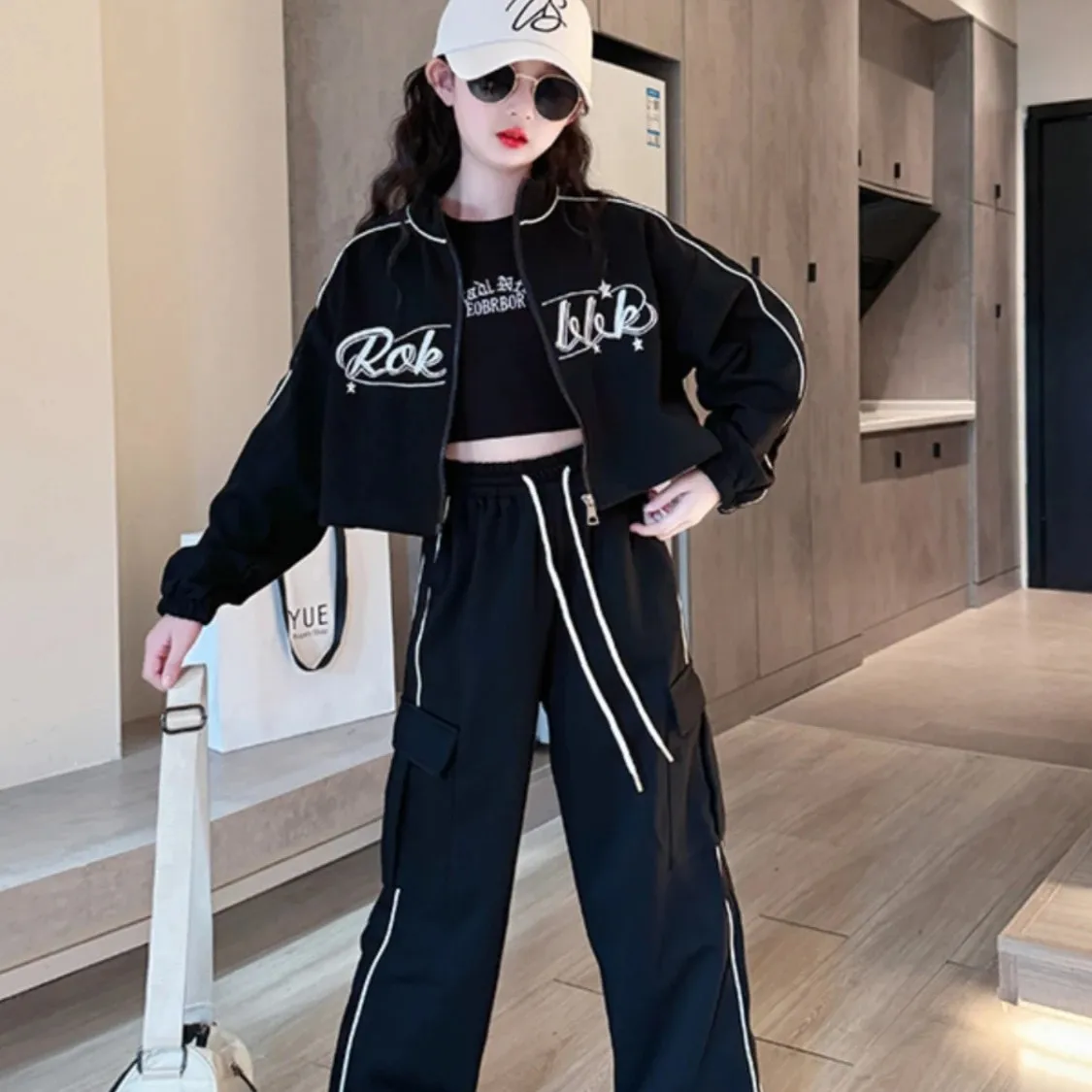 

Teen Girls Clothing Set 120-170cm Spring Autumn New Style Zipper Letter Coat And Pants Two-Piece Set for Children