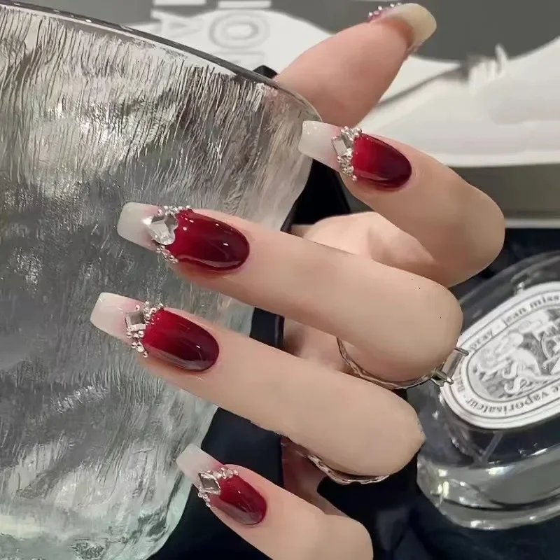 10 Uds. De uñas postizas hechas a mano con punta francesa Borgoña, diseño de uñas postizas con detalles de diamante para mujeres y niñas, uso diario para fiestas