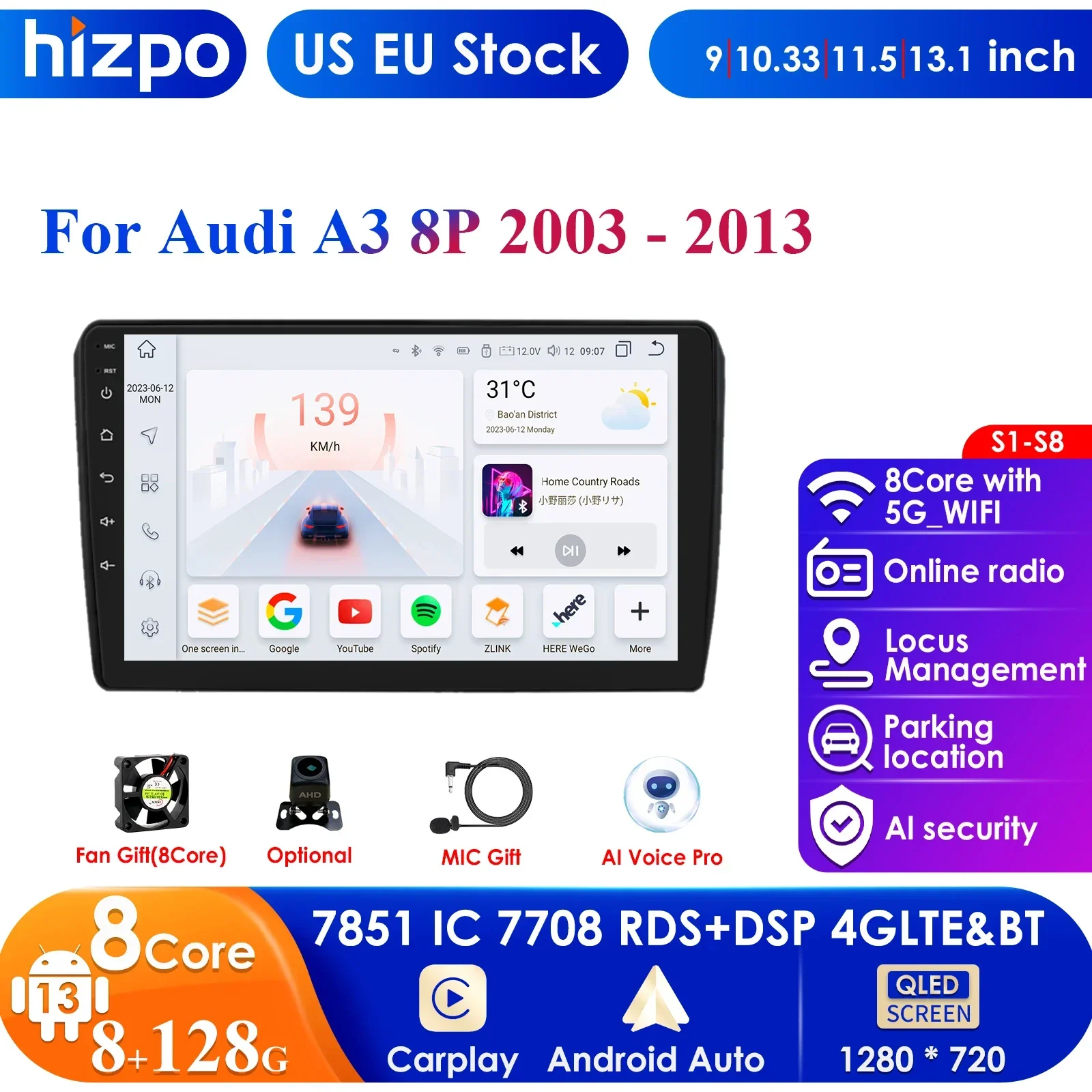 Hizpo Carplay 4G 360 Camera Android 13 Car Radio for Audi A3 8P 2003 - 2011 S3 RS3 Sportback Multimedia Video GPS 2din Autoradio