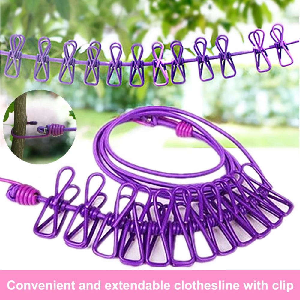 Creative Color 12 Clip Clothesline With Stretchable Windproof Elastic Rope For Travel Portable Clothesline And Quilt Drying Rope