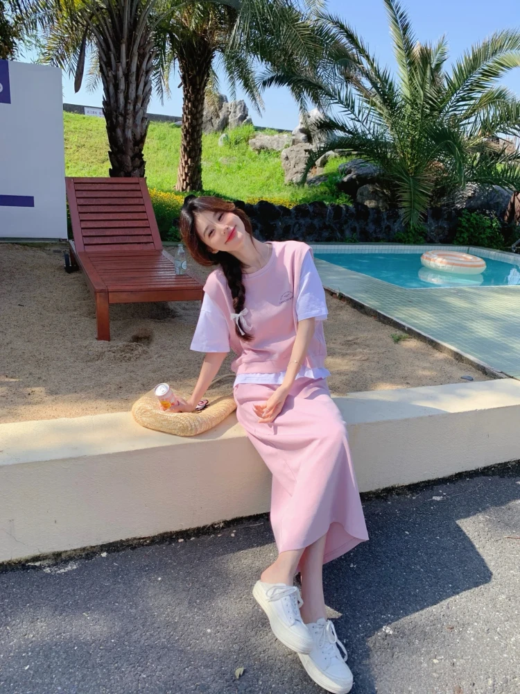 plus Size Casual Sportswear Set Women Summer Lazy Sle Loose ort Sve T-irt  Skirt Two Piece Set Slimming Effect