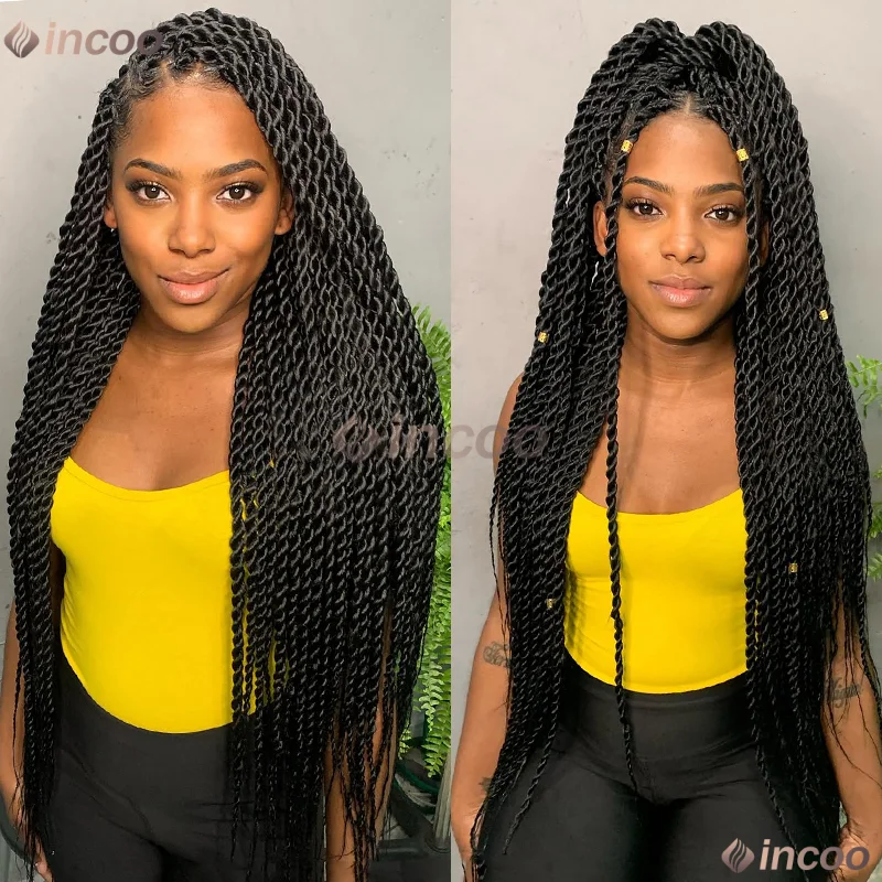 السنغالية تويست الضفائر Knotless صندوق تجديل شعر مستعار للنساء السود الدانتيل الجبهة الباروكات الضفائر الأفريقية HD الدانتيل الباروكات بيروكات صناعية