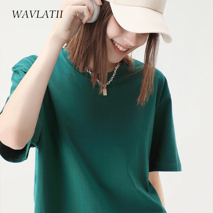 WAVLATII Women New 100% Cotton Solid T shirts Female Pink White Casual Summer Tees Lady Oversized Short Sleeve Tops WT2401