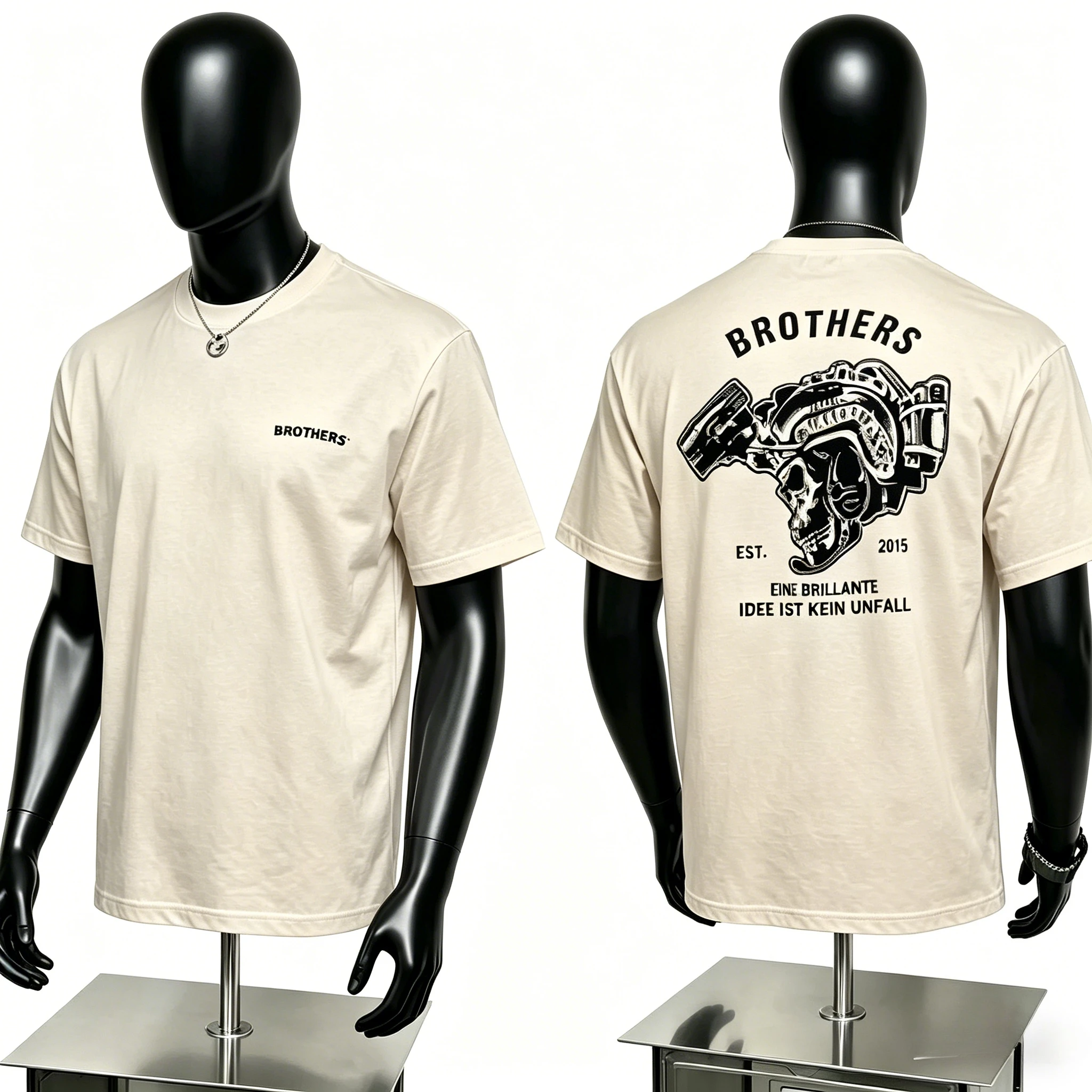 BROTHERS T Shirt Skull Print with German Slogan A Brilliant Idea Is No Accident, Unique Statement Tee for Street Style