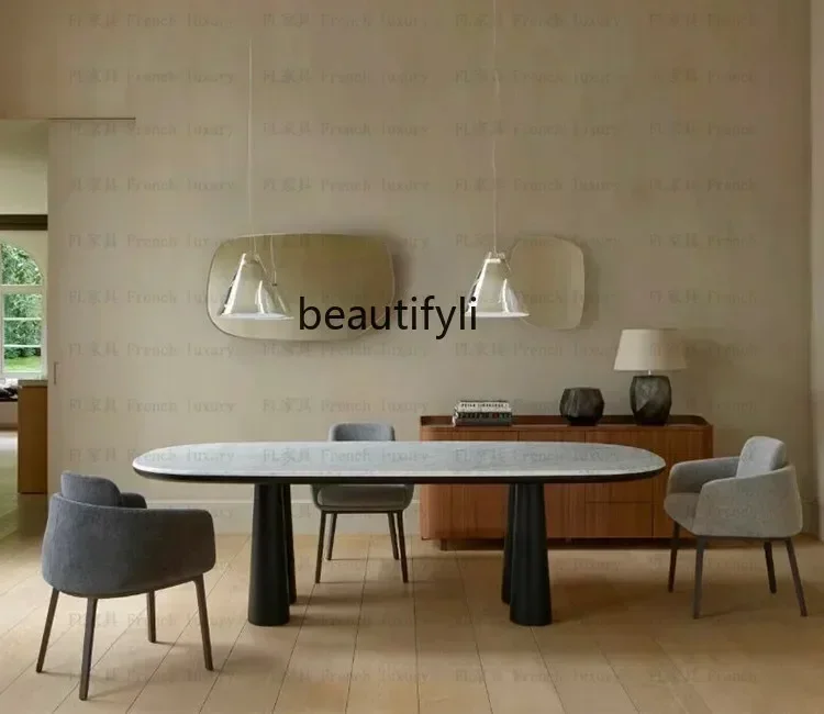 

lMedieval oval solid wood dining table Italian minimalist Nordic minimalist retro restaurant marble surface