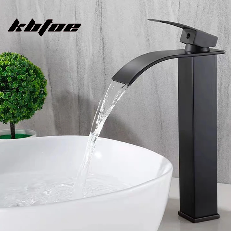 

Brass Waterfall Faucet Single Hole Brass Bathroom Basin Mixer Tap Single Handle Deck Mounted Modern Sink Tap Crane Matte Black