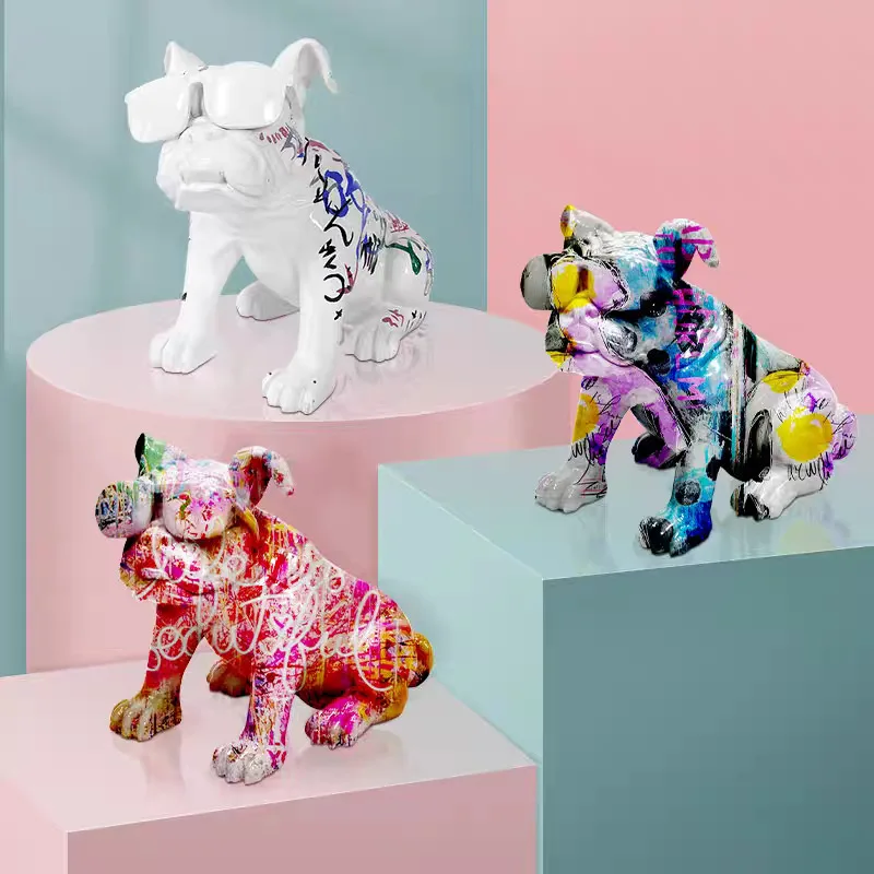 French Bulldog Resin Statue for Home Decor, Creative Graffiti Art Sculpture Figurine for TV Cabinet Display