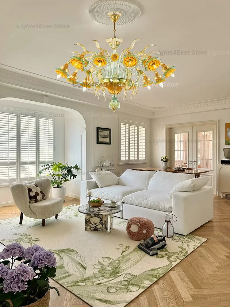 Italy Luxury Handcrafted Glass 0909 Chandeliers Classical Sunflower Home-applicant LED E14 Dimmable Lights For Living Room