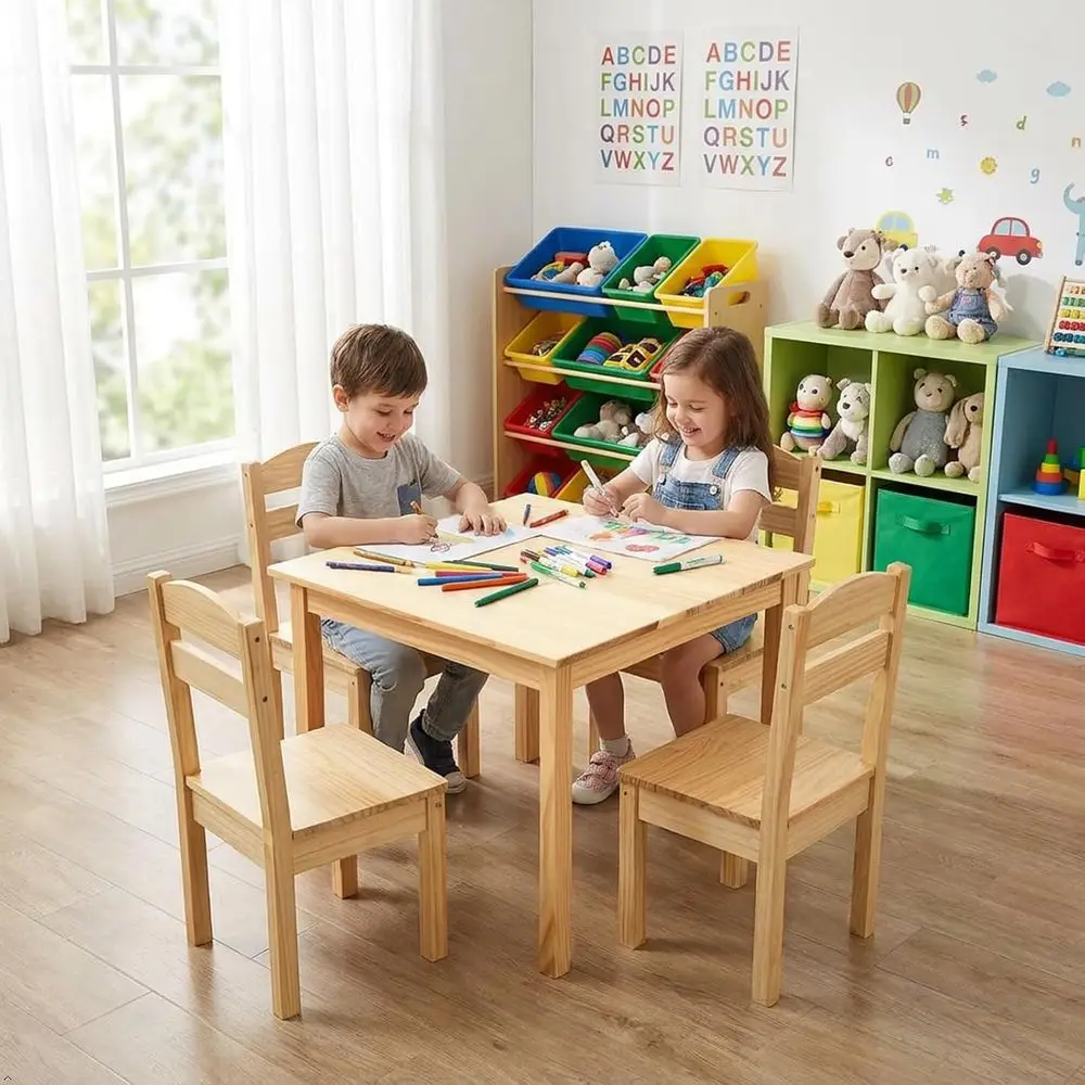 Kids Table and Chair Set, 5 Piece Wood Activity Table & Chairs or Children Arts, Crats, Homework, Snack Time, Preschool urniture