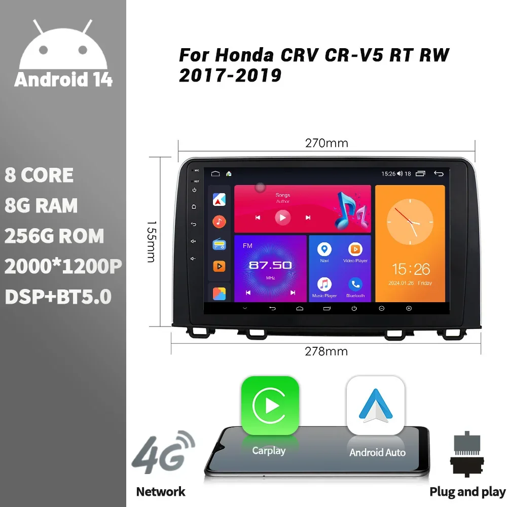 

For Honda CRV CR-V5 RT RW 2017-2019 Car Radio Multimedia Player Navigation Wireless CarPlay Touch Screen Android Bluetooth