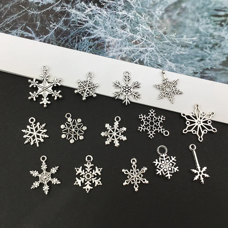 14pcs Mix Antique Silver Color Snowflake Charms For Jewelry Making Supplies Metal Retro Pendant Winter Christmas DIY Accessories