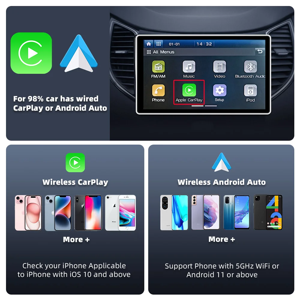 2025 EKIY Ai Box LED Android Wireless Carplay Adapter Android 13
