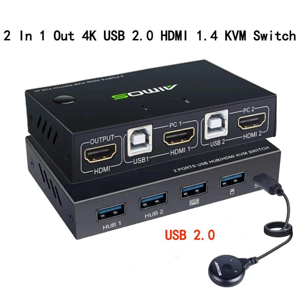 

AIMOS 2 In 1 Out 4K USB HDMI KVM Switch for 2 Computers 1 Monitor, 4K@30Hz KVM Swicher for 2 PC Share Keyboard Mouse