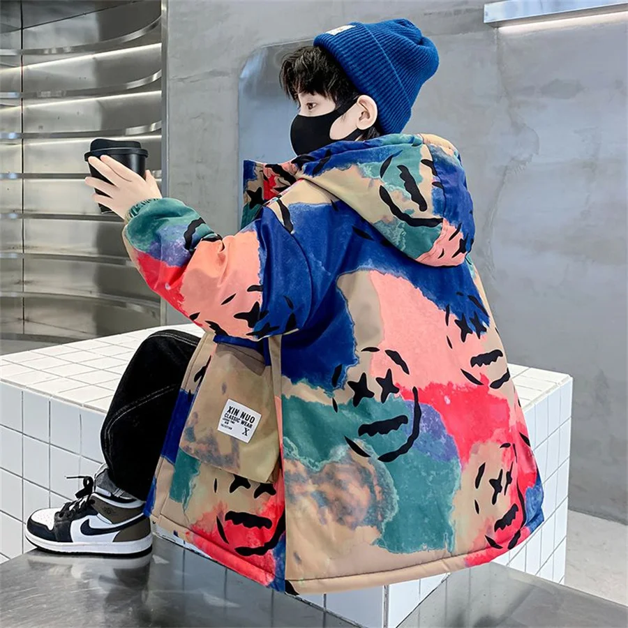 2023 New 4-14 Years Very Keep Warm Winter Boys Jacket Teenager Mid-Length Plus Velvet Thickening Hooded Cotton Coat For Kids