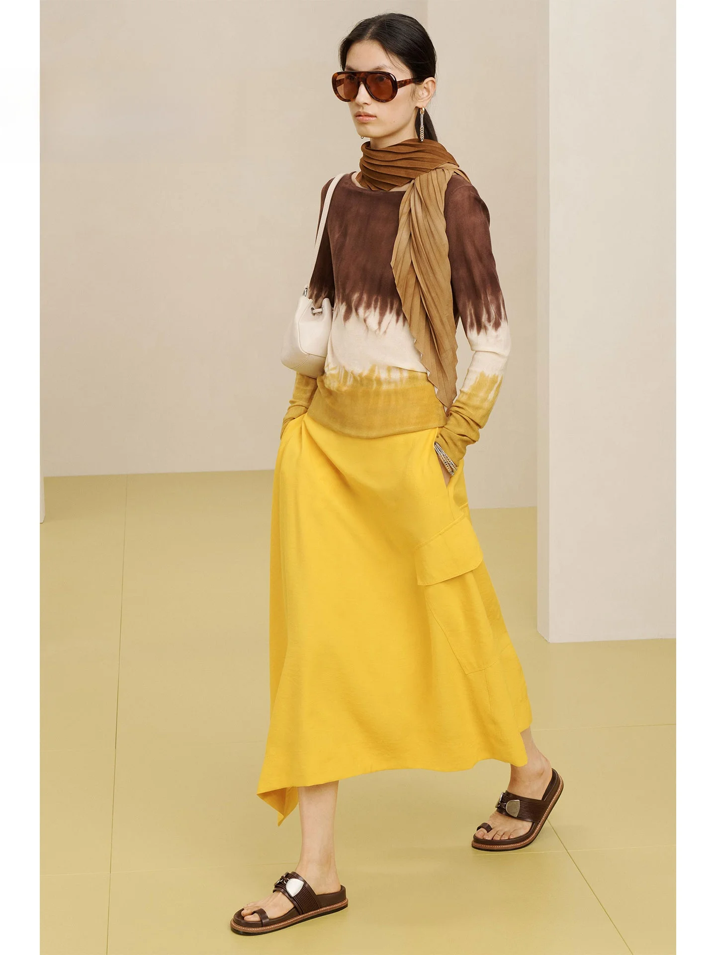 Summer 2026 Bright Yellow Asymmetrical A-Line Midi Skirt Attractive Workwear Style Women's Mid-Waist Half Body Skirt