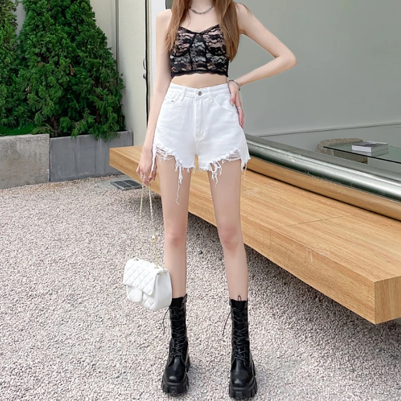 Jeans shorts im koreanischen Stil Frauen Sommer neue hoch taillierte High Street einfarbige vielseitige schlanke dünne A-Linie Jeans mit weitem Bein