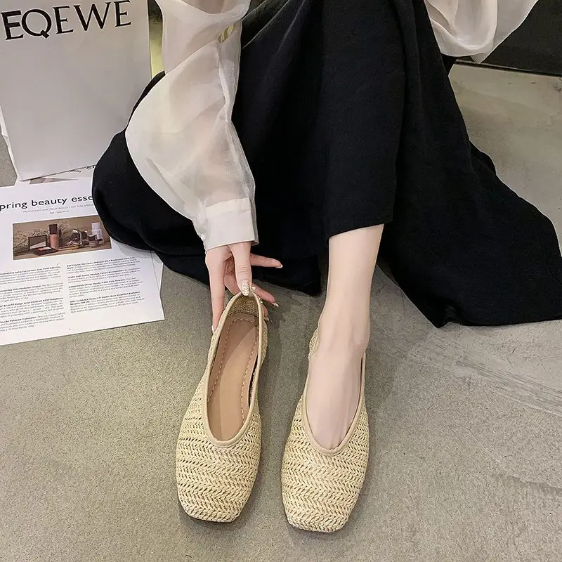 Buty dla kobiet 2024 Square Toe Ladies Summer Footwear Flats Low Heel Elegant Flat with Bow Casual 39 Shoe Vacation Korean Style