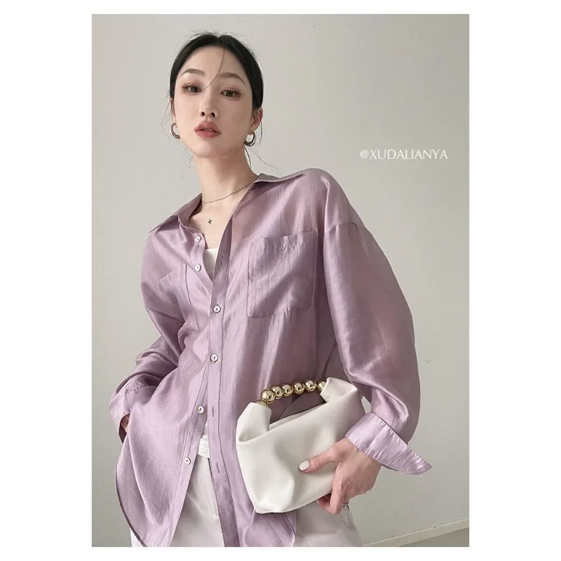 Camisas para mulheres 2025 nova versão coreana outono cor sólida drape camisa de proteção solar jaqueta fina temperamento topos para mulher