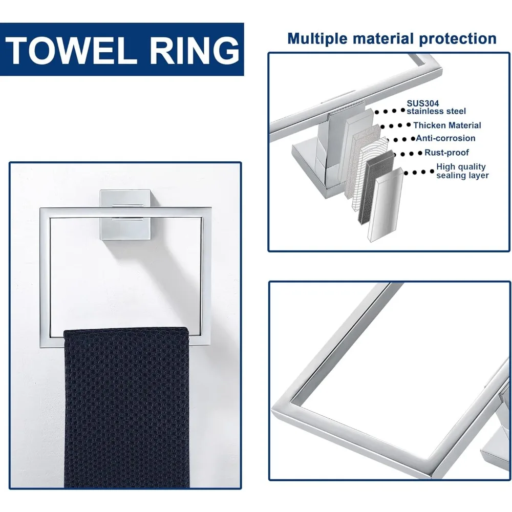 Stainless Steel Bathroom Hardware Set with Towel Rack and Square Towels in Polished Chrome Finish