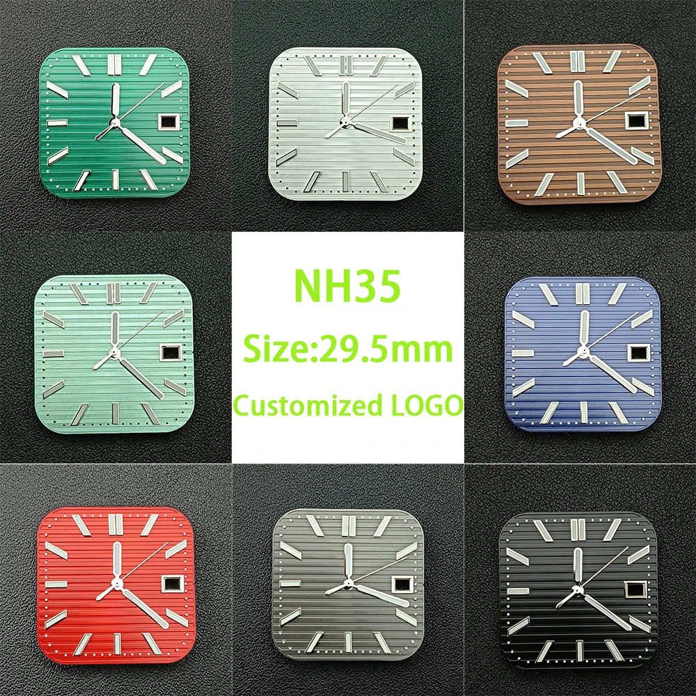 

NH35 square dial Watch dial Custom logo Green Luminous men's watch dial fit NH35 movement watch accessories