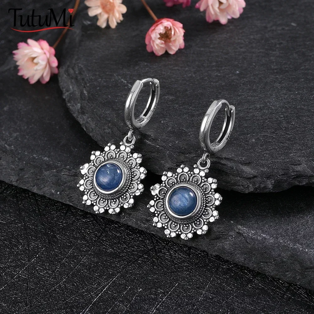 925 Sterling Silver Natural Kyanite Snowflake Earrings for Women Gifts 6mm Round Earrings Vintage Jewelry