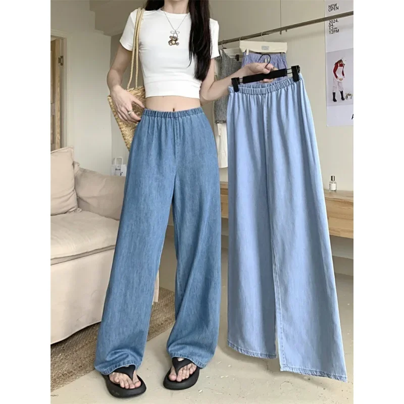 Korean Style High Waist Wide Leg Thin Ice Silk Jeans Women Summer Loose Fit Large Size Straight Pants Streetwear Women Y2k