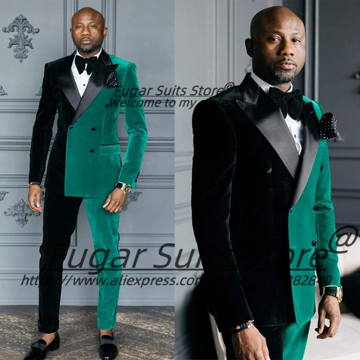 Fashion Black Green Velvet Men Suits Slim Double Breasted Peak Lapel Groom Tuxedos 2 Pcs Sets High-end Male Blazers Ropa Hombre