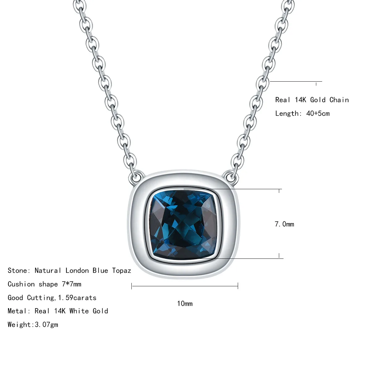 Natural London Blue Topaz Necklace Customized 14K White Gold 1.59 Carat Genuine Stone Necklace Fine jewelry Top Quality Jewelry