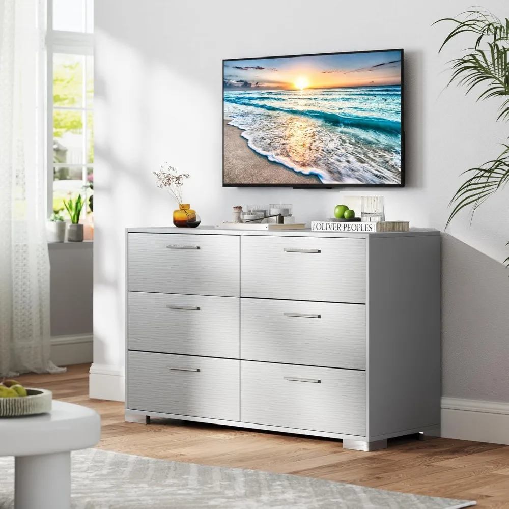 خزانة تخزين مع 6 أدراج وأرجل معدنية ومقابض، وأجهزة مضادة للسقوط، وخزانة مزدوجة واسعة، وطاولة كونسول، وحديثة