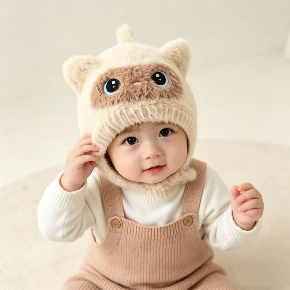 Soft Fuzzy Cartoon Cat Hat Windproof Warm Fleece Lined Fuzzy Beanie Knit Material Earflap Design Baby Helmet Hat For Boys Girls