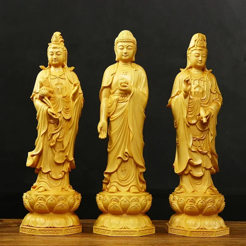 

Boxwood Carving Buddha Figure Wood Guanyin Buddha Statue Ornaments Western Sansheng Buddhism Sculpture Crafts Home Decor