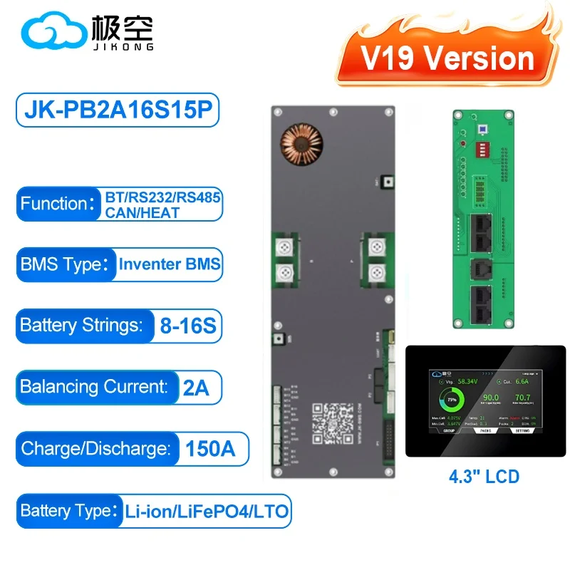 JK BMS V19 Bms 16s 51.2v Lifepo4 100A 200A 300A JK Home Energieopslag BMS Actieve balans 1-2A LiFePo4 Batterij V19 Versie