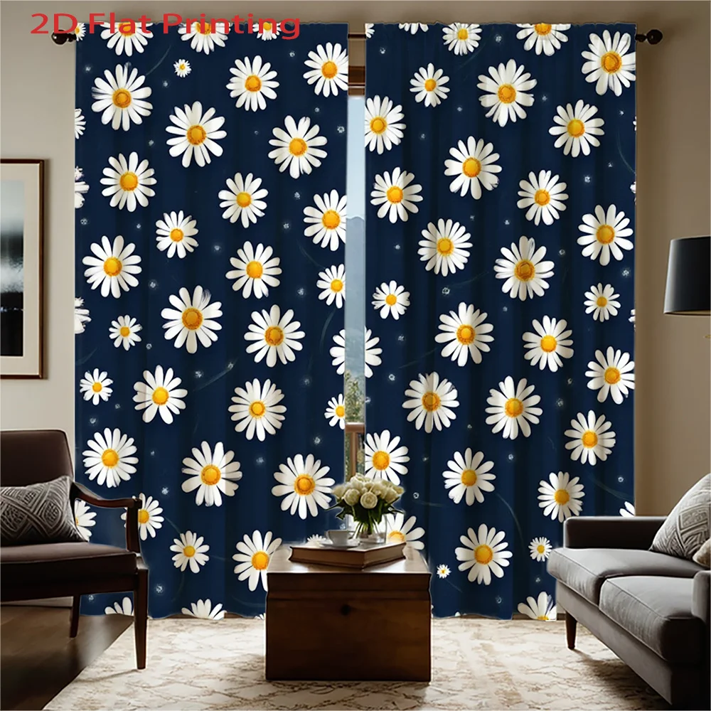 2pcs Dark Blue Daisy Print Curtains - Semi-Transparent Flannel Fabric, Rod Pocket Design for Easy Hanging, Classic Style for Liv