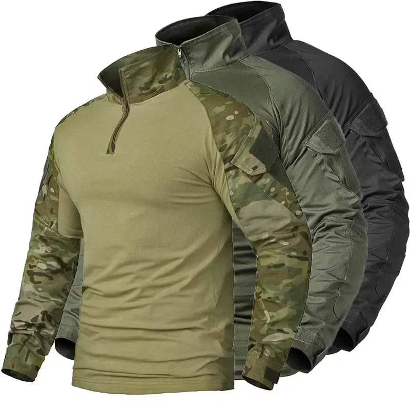 Outdoor Long Sleeve Tactical Shirts CP Combat Shirt 1/4 Zipper Ripstop Hunting Base Layers Camo Airsoft T Shirts Men Clothing