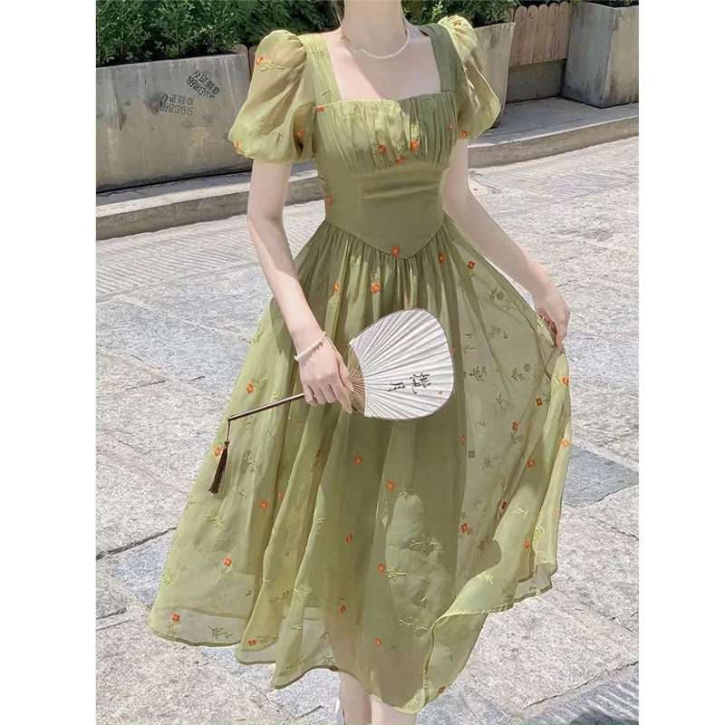 Women Square Collar Embroidery Ruched Elegant Party Dresses Summer Trendy Short Sleeve Chic Sweet Fairy Slim Midi Dress Vestidos