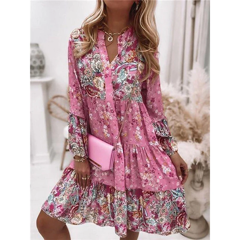 Women Floral Print Dress Oversize Elegant Pleated Long Sleeve Casual Dresses Female V Neck Loose Bohemian Beach Holiday Dresses