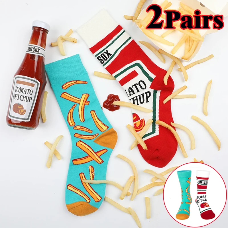 Calcetines divertidos para hombres y mujeres, calcetines estilo AB, tomate, ketchup, patito francés, estampado a media pantorrilla, calcetines de algodón para comida, regalos del Día de San Valentín para parejas