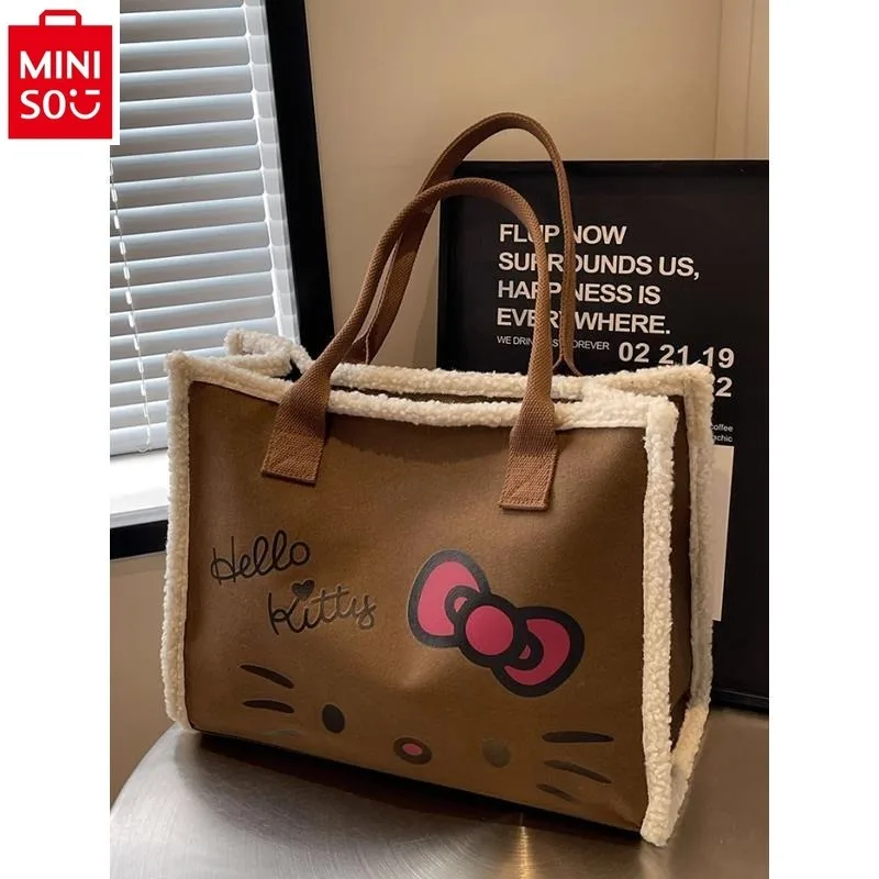 MINISO-Bolso de hombro de lona con dibujos animados de Hello Kitty para estudiantes, bolso informal de felpa, bonito, novedad de 2024