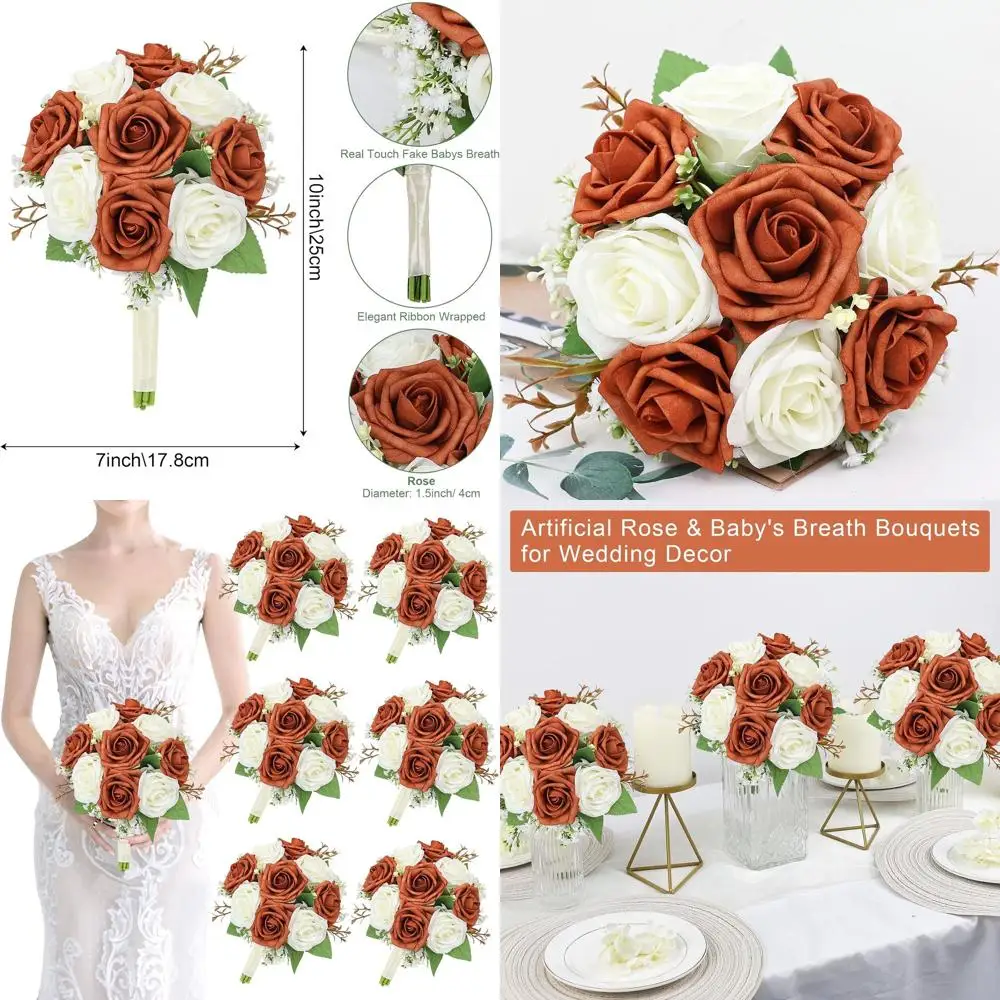 

Набор из 6 искусственных букетов для подружек невесты: оранжевые розы с белой гипсофилой, 7 дюймов, для свадеб, девичников и других мероприятий.