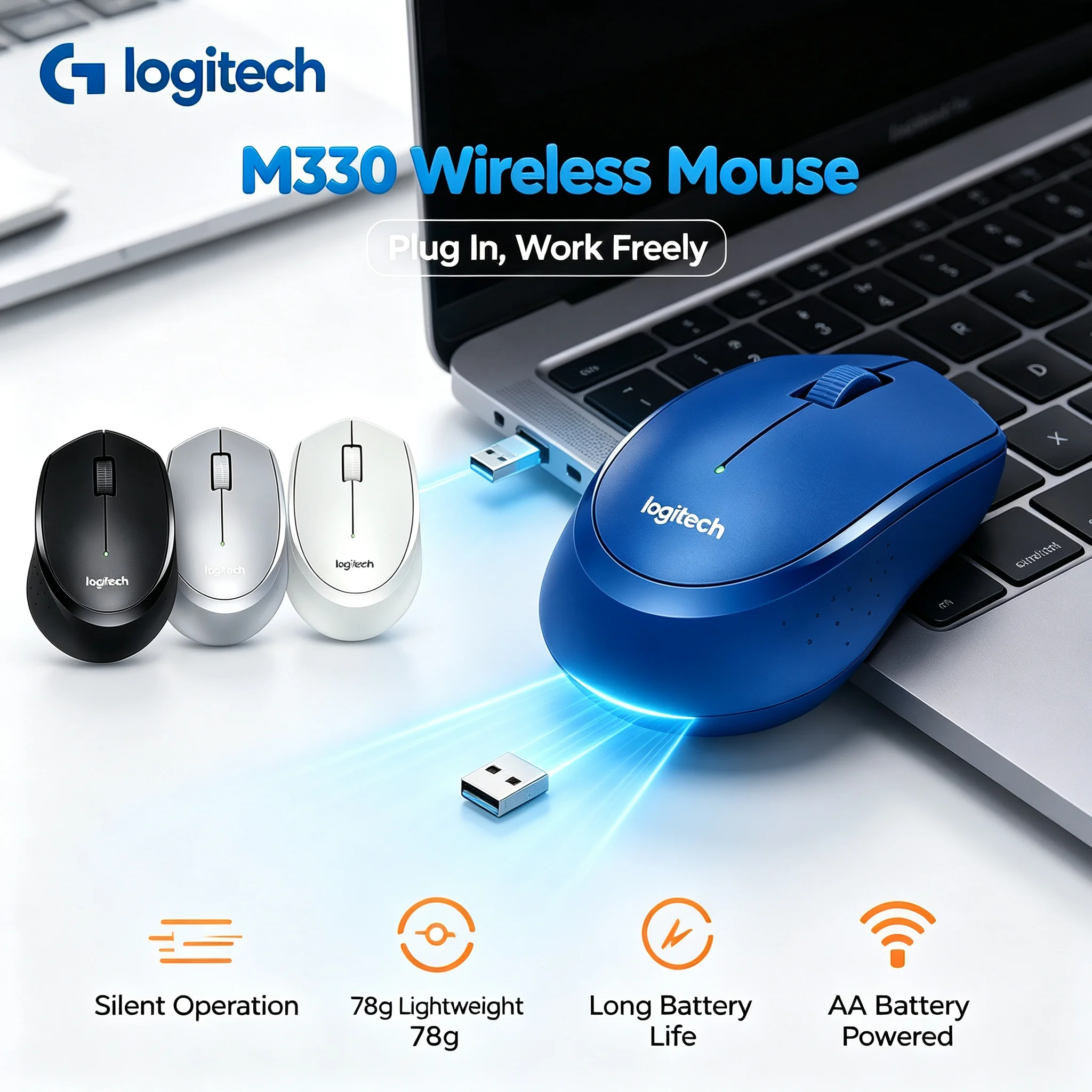 Logitech M330 Silent Click Ergonomic Wireless Mouse, Stable 2.4G Transmission, Multi-system Compatible Mice