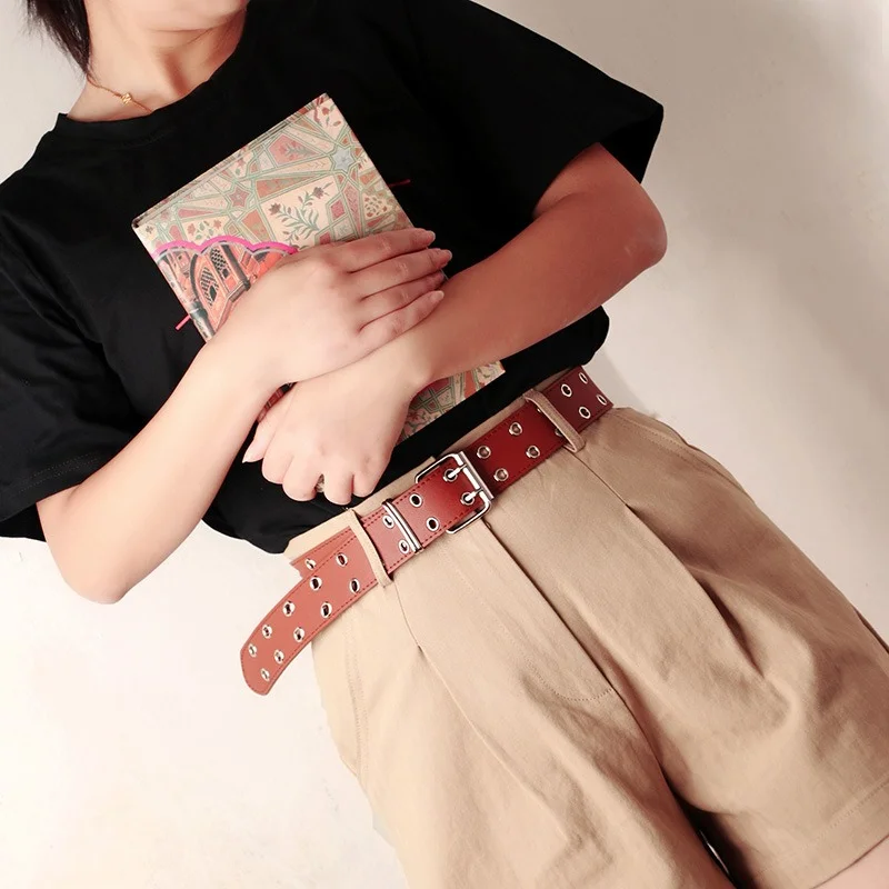 IF IFOND Korean-Style Fashionable Casual Punk-Inspired Women’s Belt Unique Everyday Double-Row Eyelet Openwork Wide Leather Belt