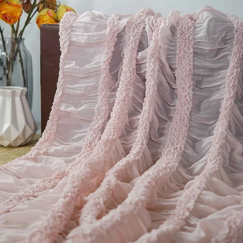 Tessuto chiffon bianco rosa con volant pieghettato ricamo squisito tessuto da sposa gonna in tessuto fascia per capelli