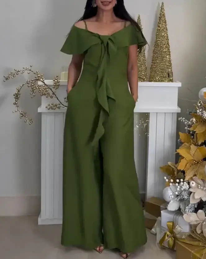 2026 Summer New V-Neck Adjustable  Shoulder Strap Backless Casual Zipper Wide Leg Jumpsuit