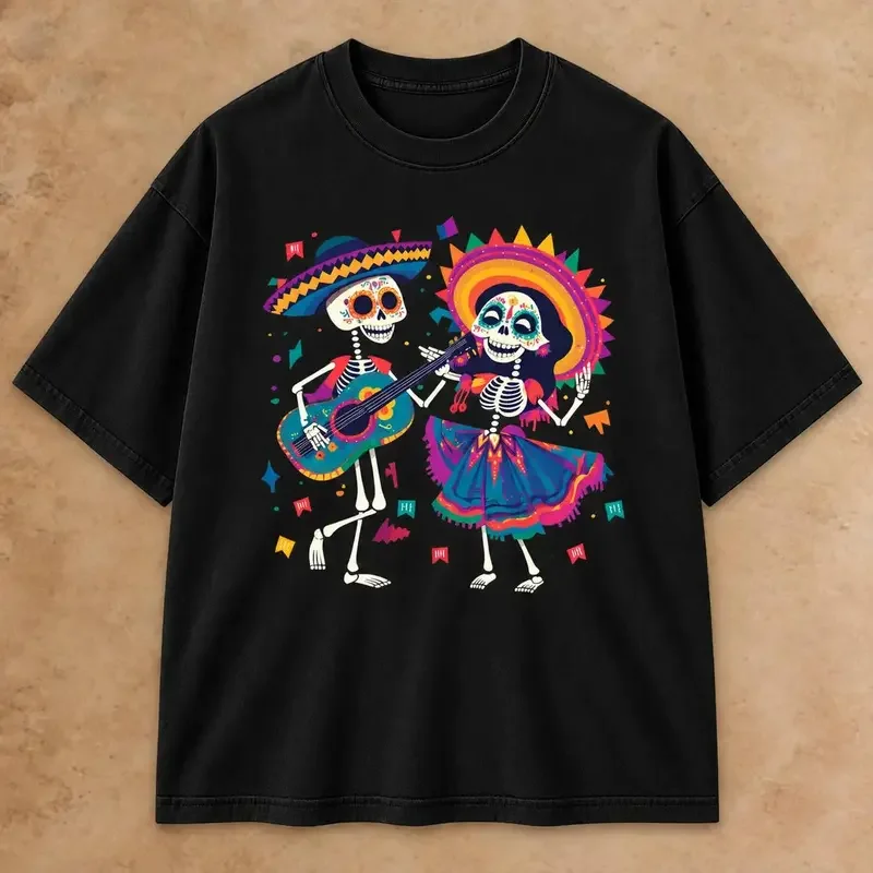 Dia De Los Muertos Sugar Skull Graphic T-Shirt, Colorful Skeleton Couple Tee with Mexican Fiesta, Mariachi Music and Retro Streetwear Vibes