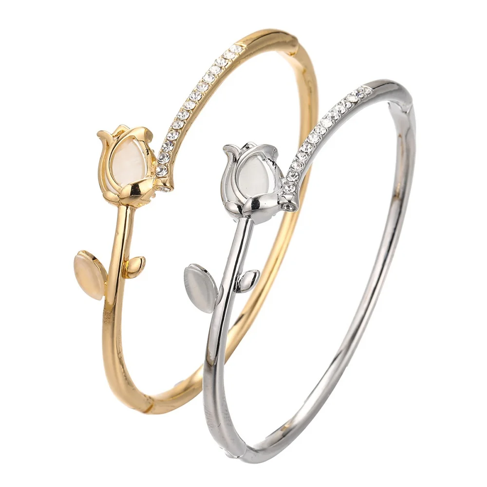 1pc Copper Bracelet With Rose shape Zircon Pendant Double Heart OT Buckle Couple Bracelet Unisex Party Jewelry Gift