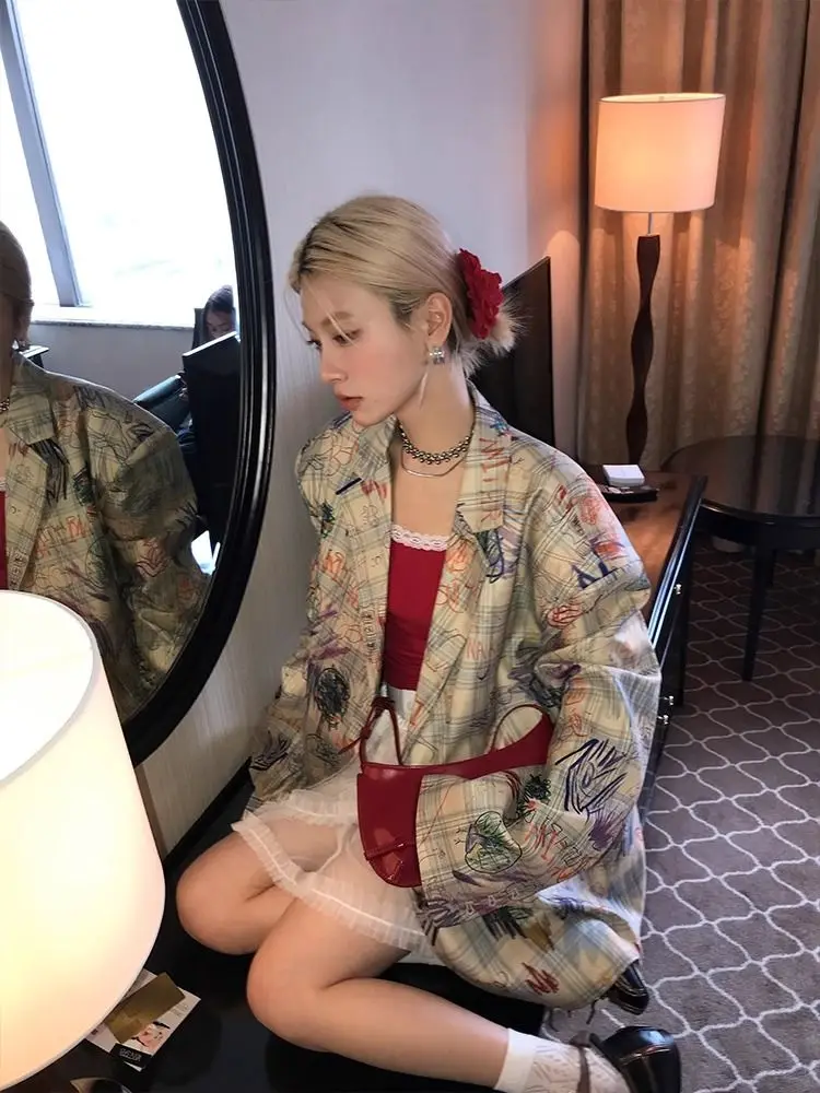 

Women's Graffiti Checkered Printed Suit Jacket Spring Autumn 90s Aesthetic Vintage Female Long Sleeve Casual Thin Coat