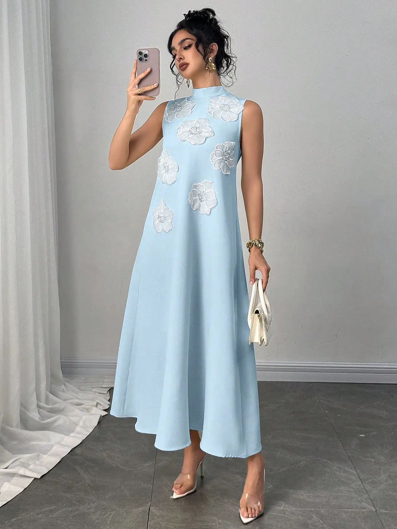 

Elegant Loose Fit A-Line Dress With 3D Floral Embroidery Pastel Blue